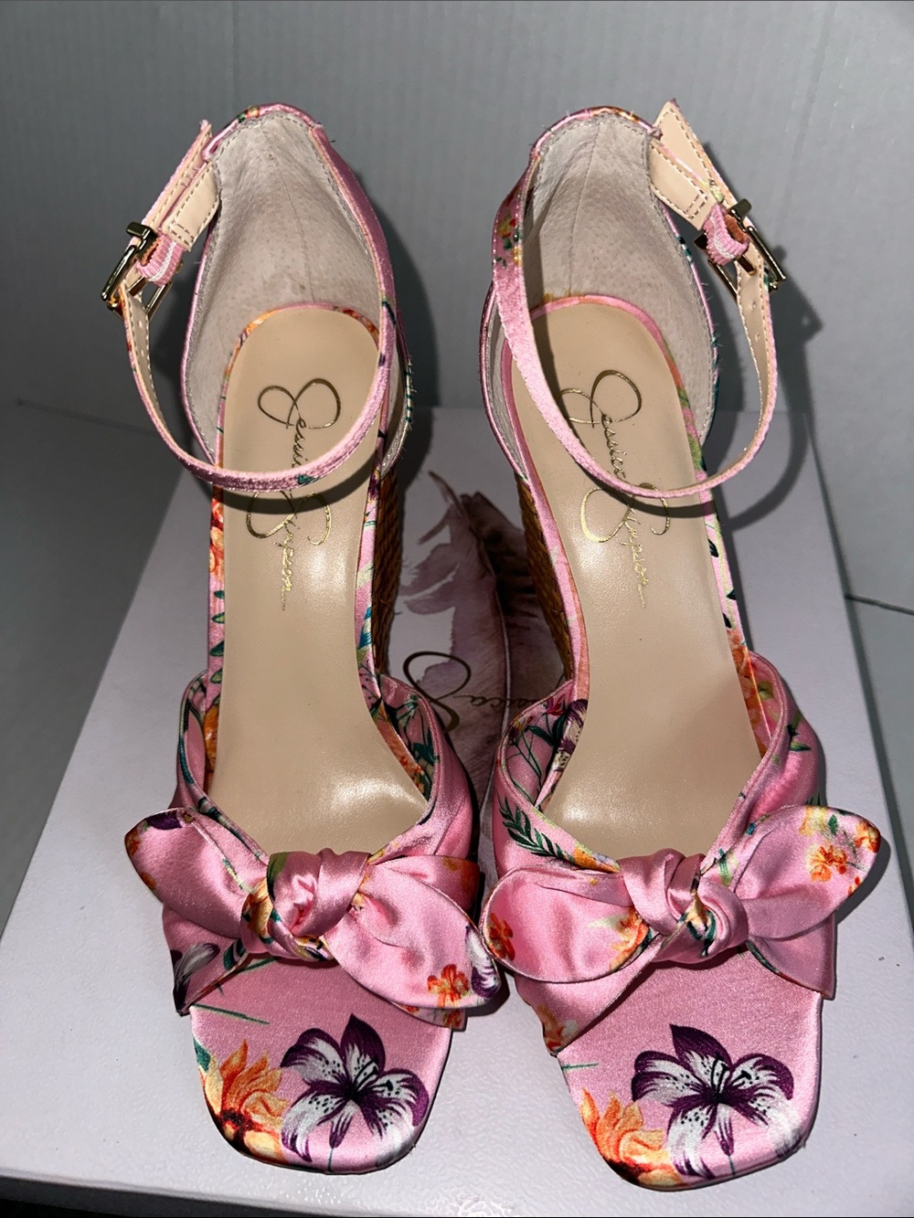 Jessica Simpson Pink Floral Knot Ankle Strap wedge Heel sandals size 8